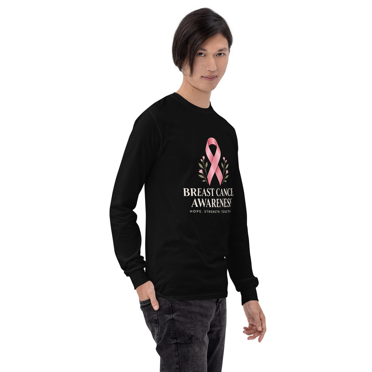 Black unisex long-sleeve shirt with breast cancer awareness support and fight together message from Tristan's Outlet, right-front view.