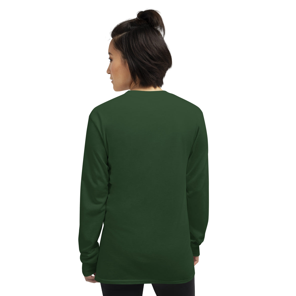 Forest green unisex long sleeve shirt from Tristan's Outlet Faith Collection, front and back view, casual and comfortable style.