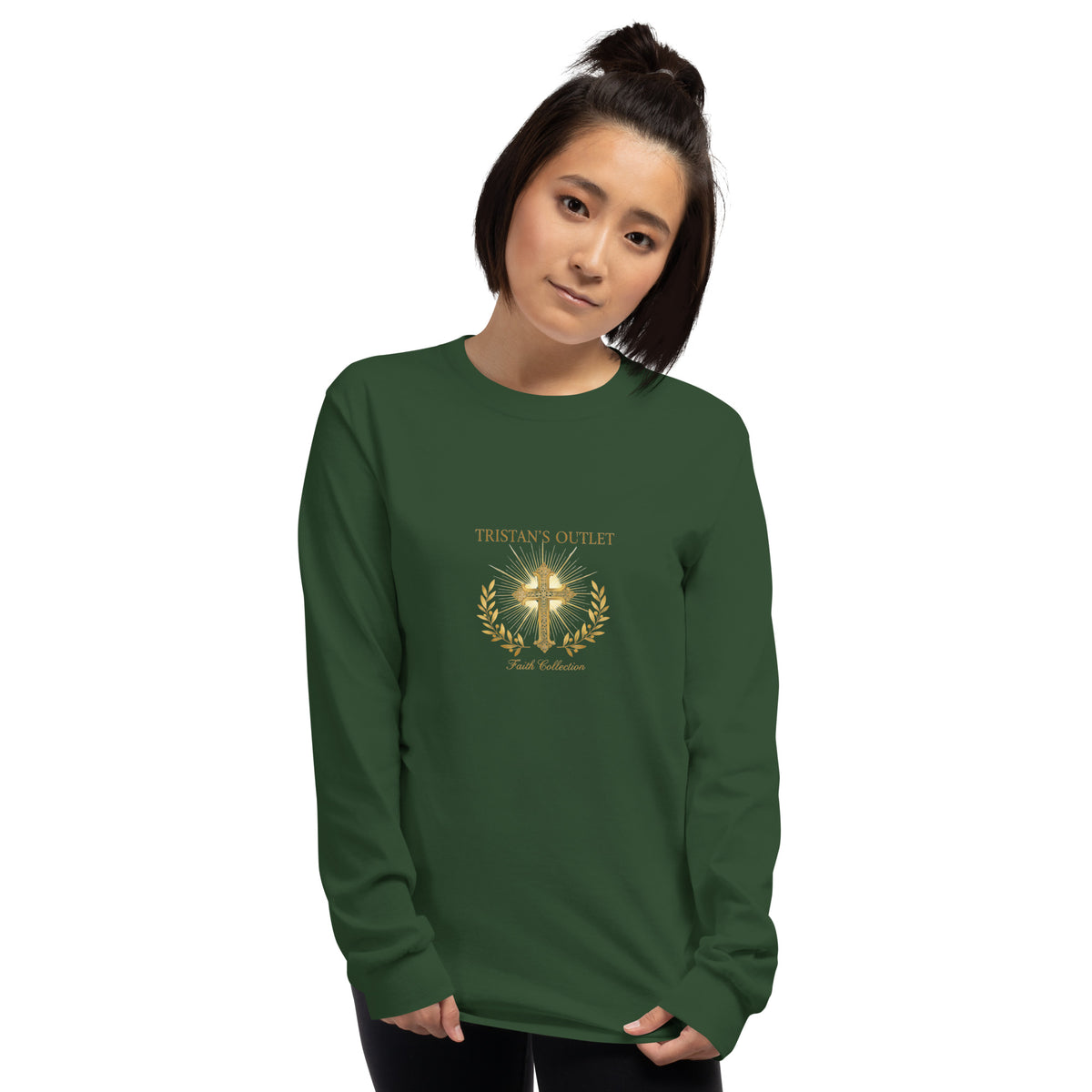 Forest green Tristan's Outlet Faith Collection long sleeve shirt shown from the front, unisex design with a casual fit.