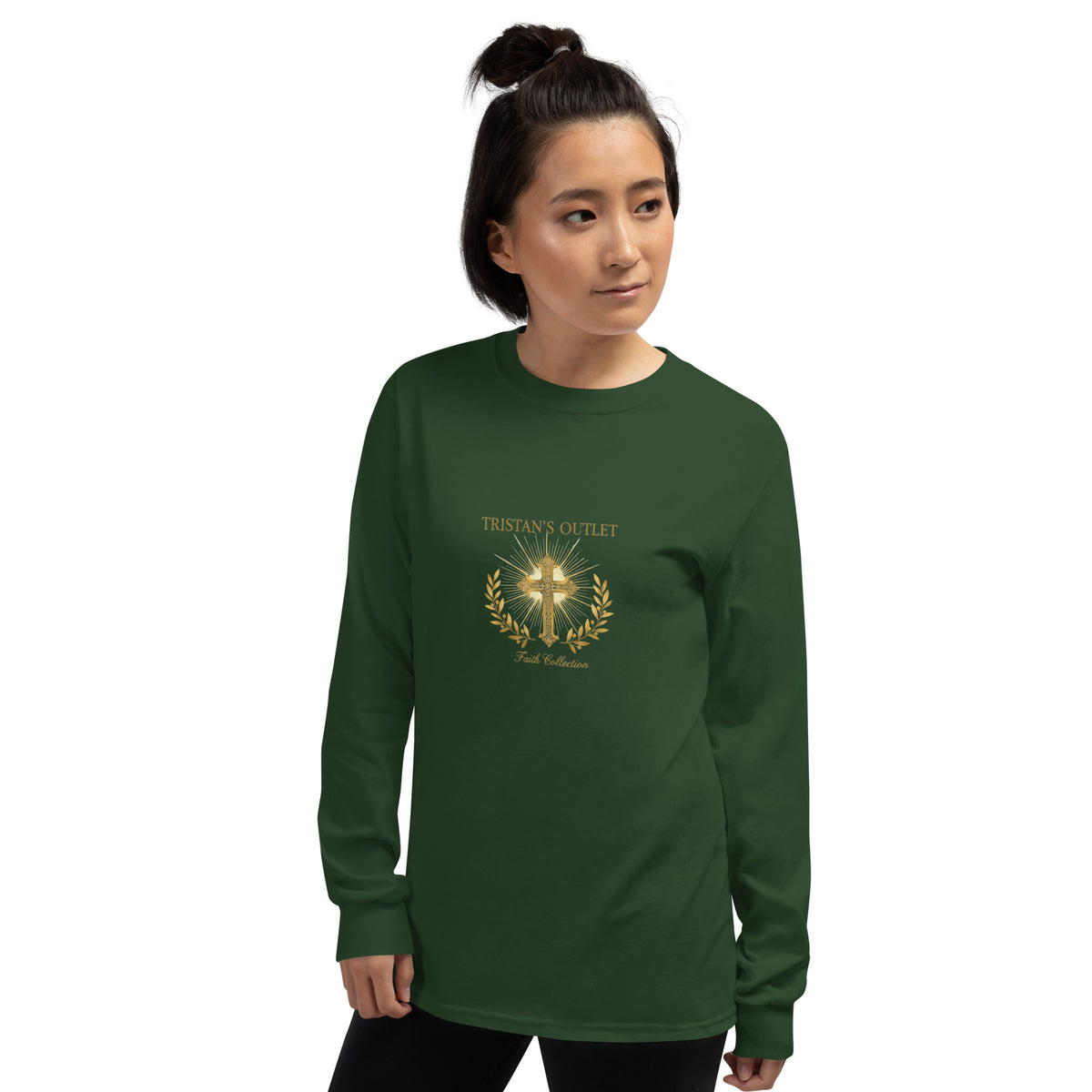 Forest green Tristan's Outlet Faith Collection long sleeve shirt for men and women, shown from the front.