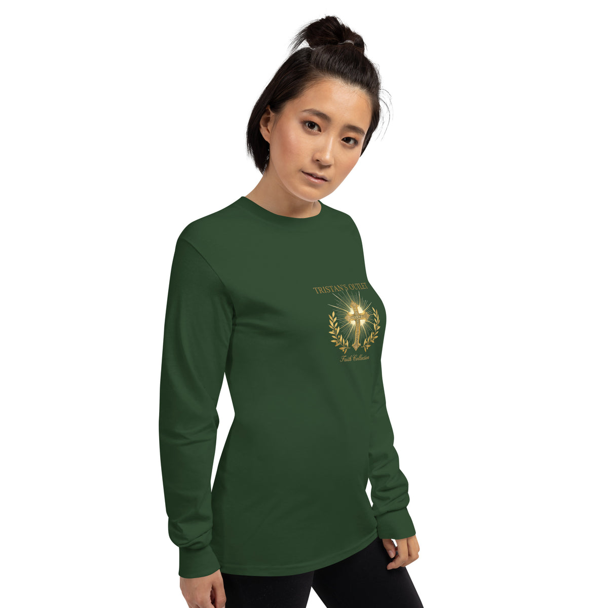 Forest green unisex long sleeve shirt from Tristan's Outlet Faith Collection, shown from the right front view.