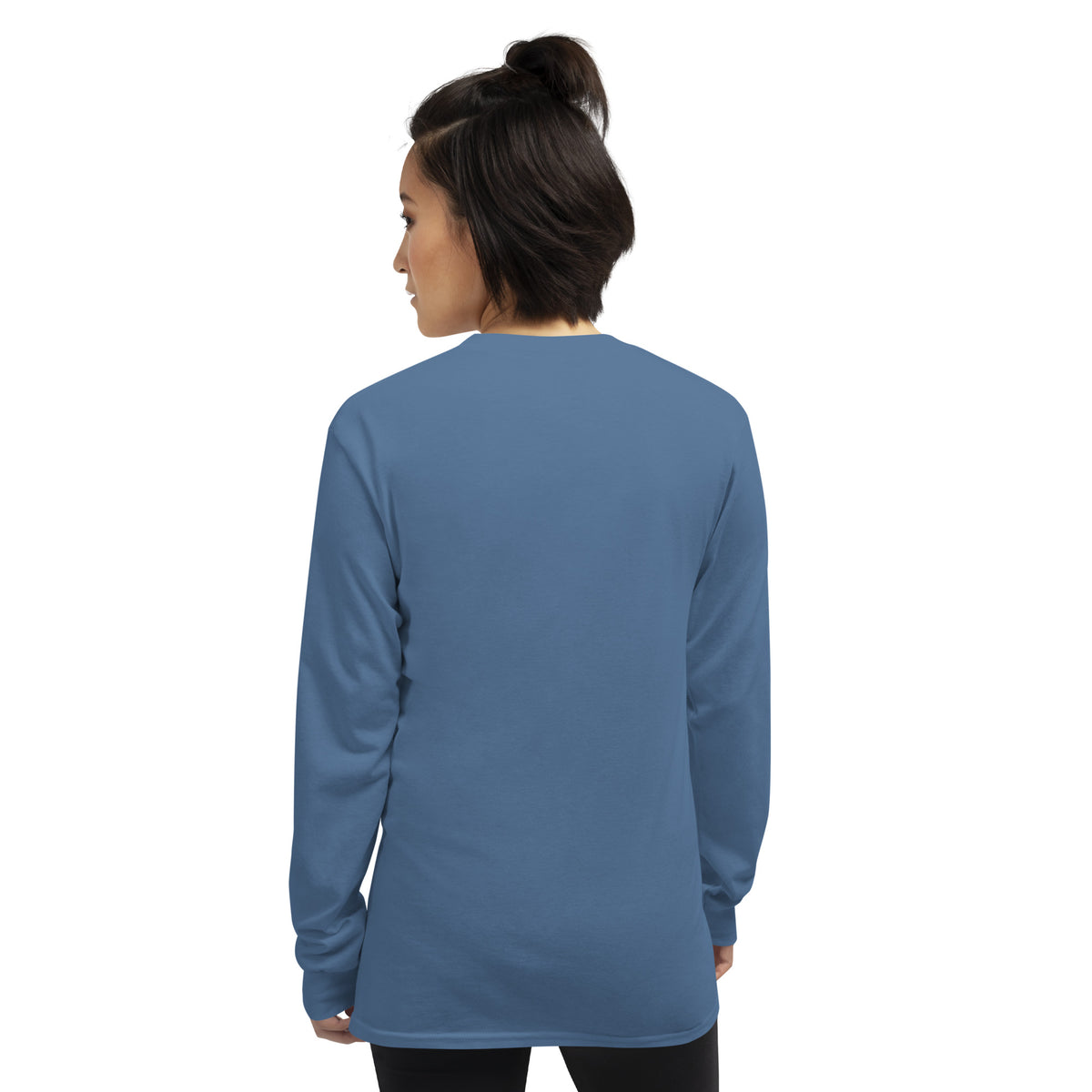 Unisex indigo blue long sleeve shirt from Tristan's Outlet Faith Collection, showcasing a comfortable fit and stylish design.