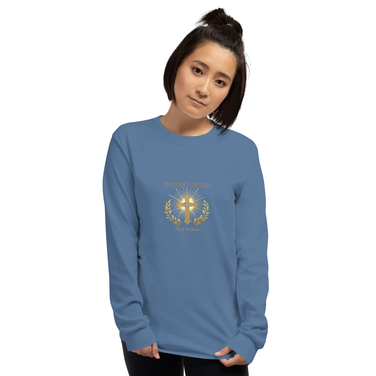 Unisex indigo blue long sleeve shirt from Tristan's Outlet Faith Collection, front view showing classic design and comfortable fit.