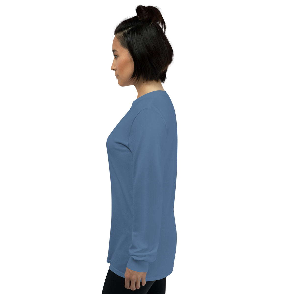 Unisex indigo blue long sleeve shirt from Tristan's Outlet Faith Collection, featuring a comfortable fit and classic design.