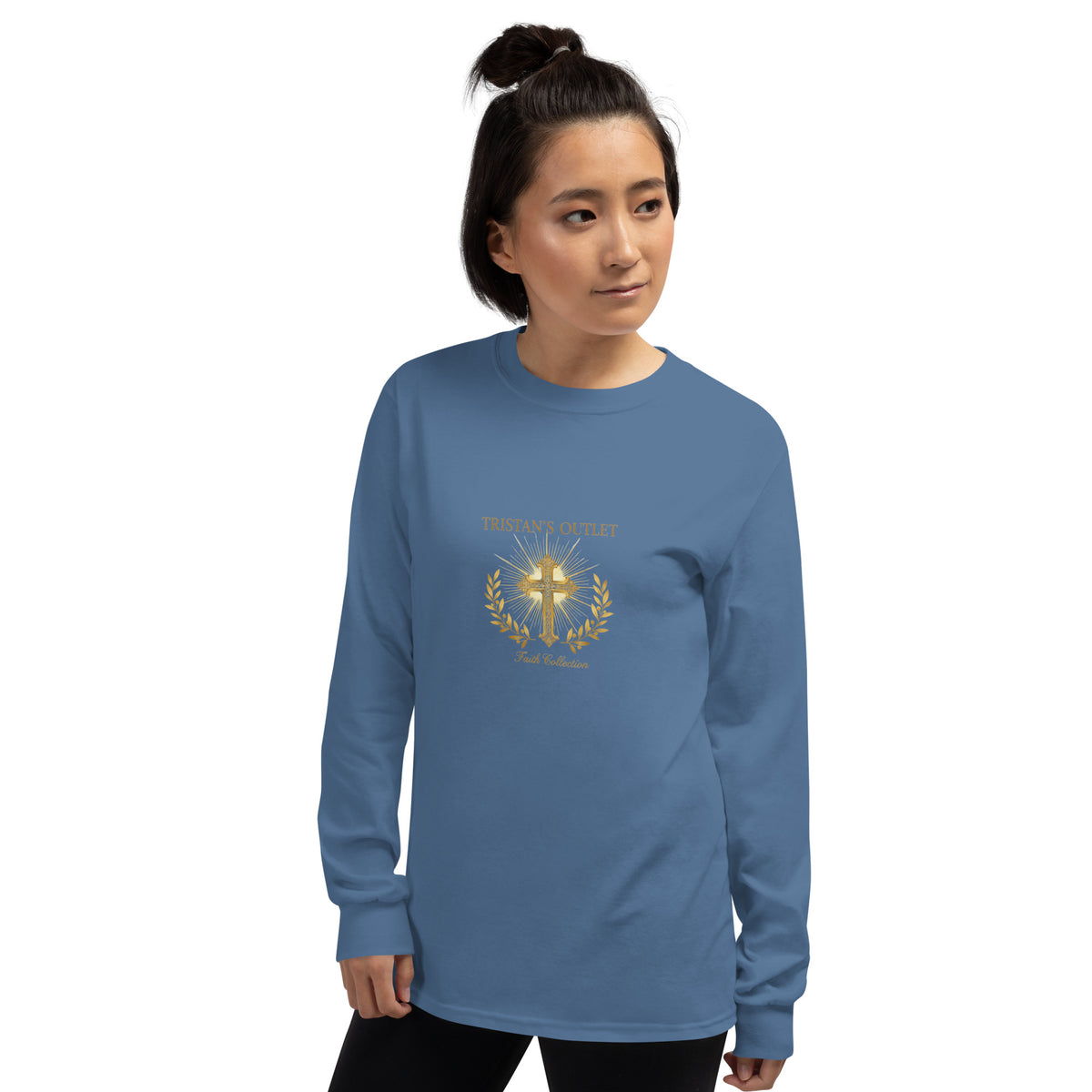 Unisex indigo blue long sleeve shirt from Tristan's Outlet Faith Collection, front view showing soft fabric and classic fit.