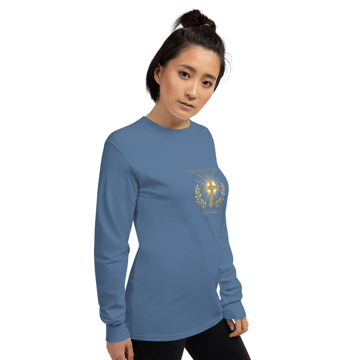 Unisex indigo blue long sleeve shirt from Tristan's Outlet Faith Collection, displayed from the right front view.
