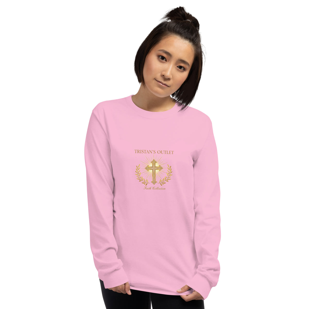 Light pink unisex long sleeve shirt from Tristan's Outlet Faith Collection, front view showing casual fit and soft fabric.