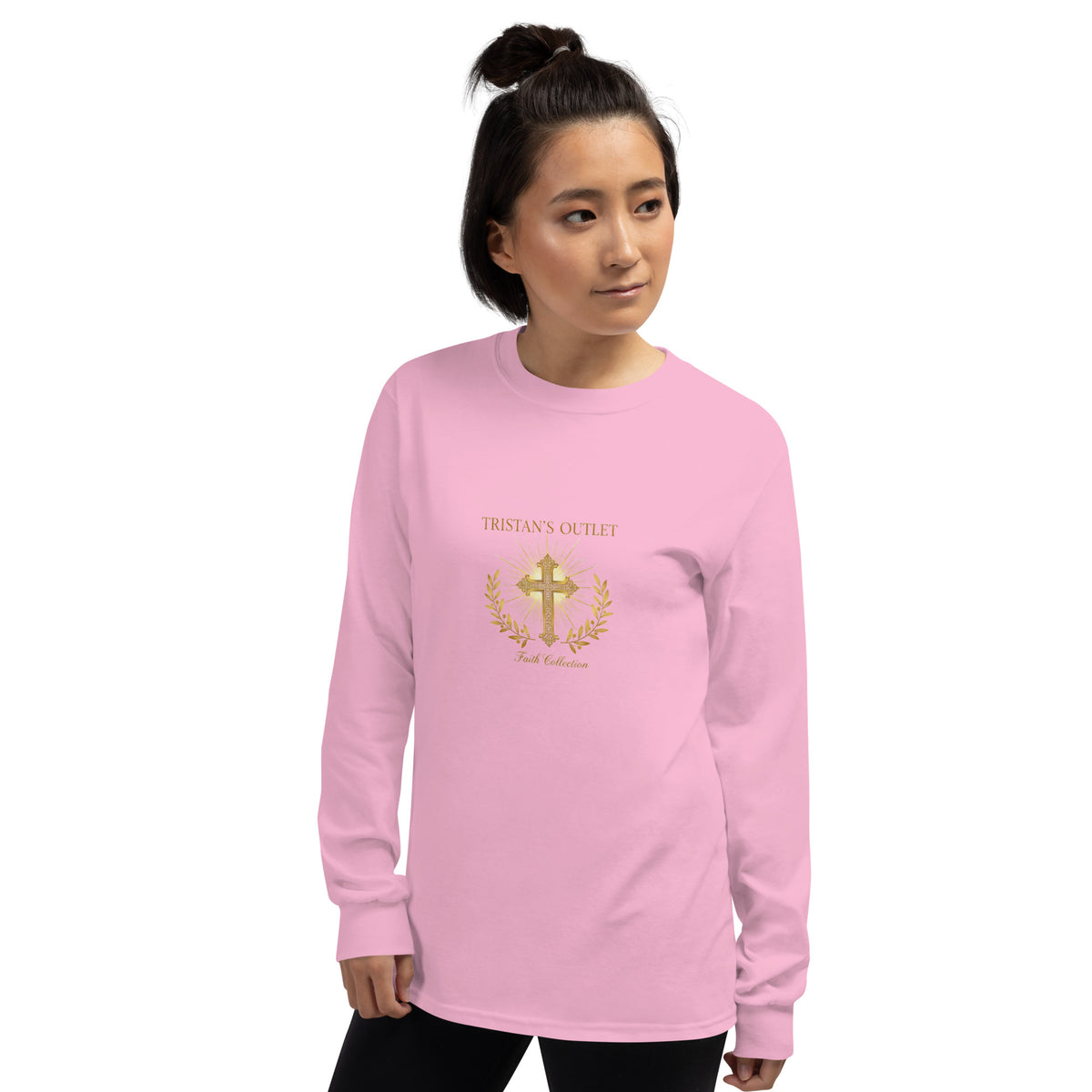 Light pink unisex long sleeve shirt from Tristan's Outlet Faith Collection, shown from the left front view.