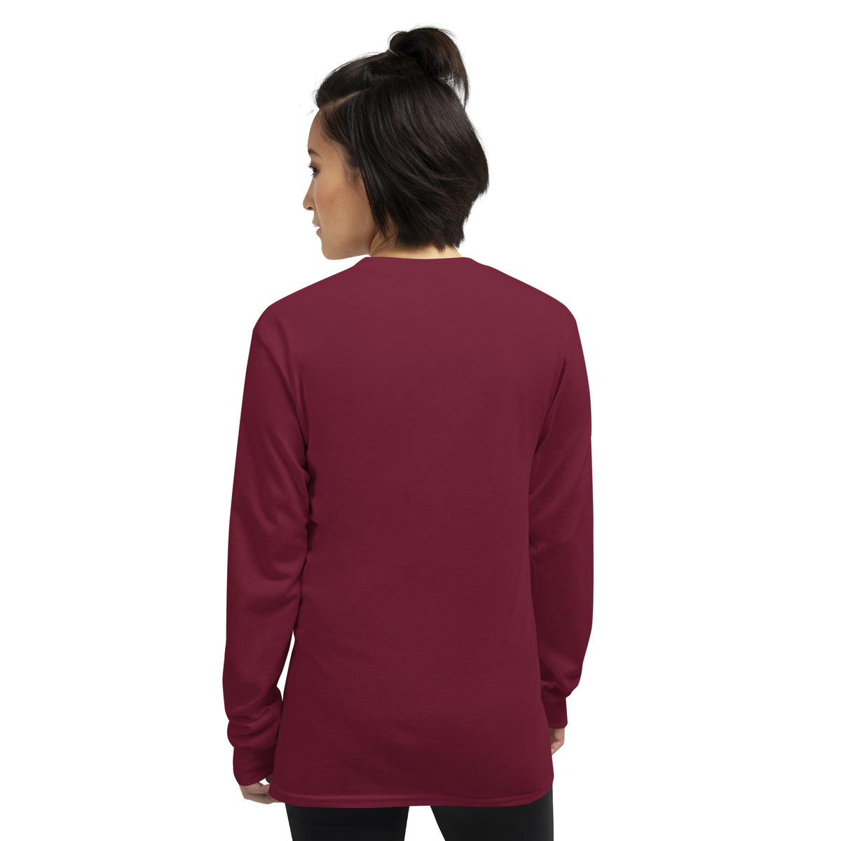 Maroon Tristan's Outlet Faith Collection long sleeve shirt for unisex, shown from the back. Comfortable, stylish casual wear.