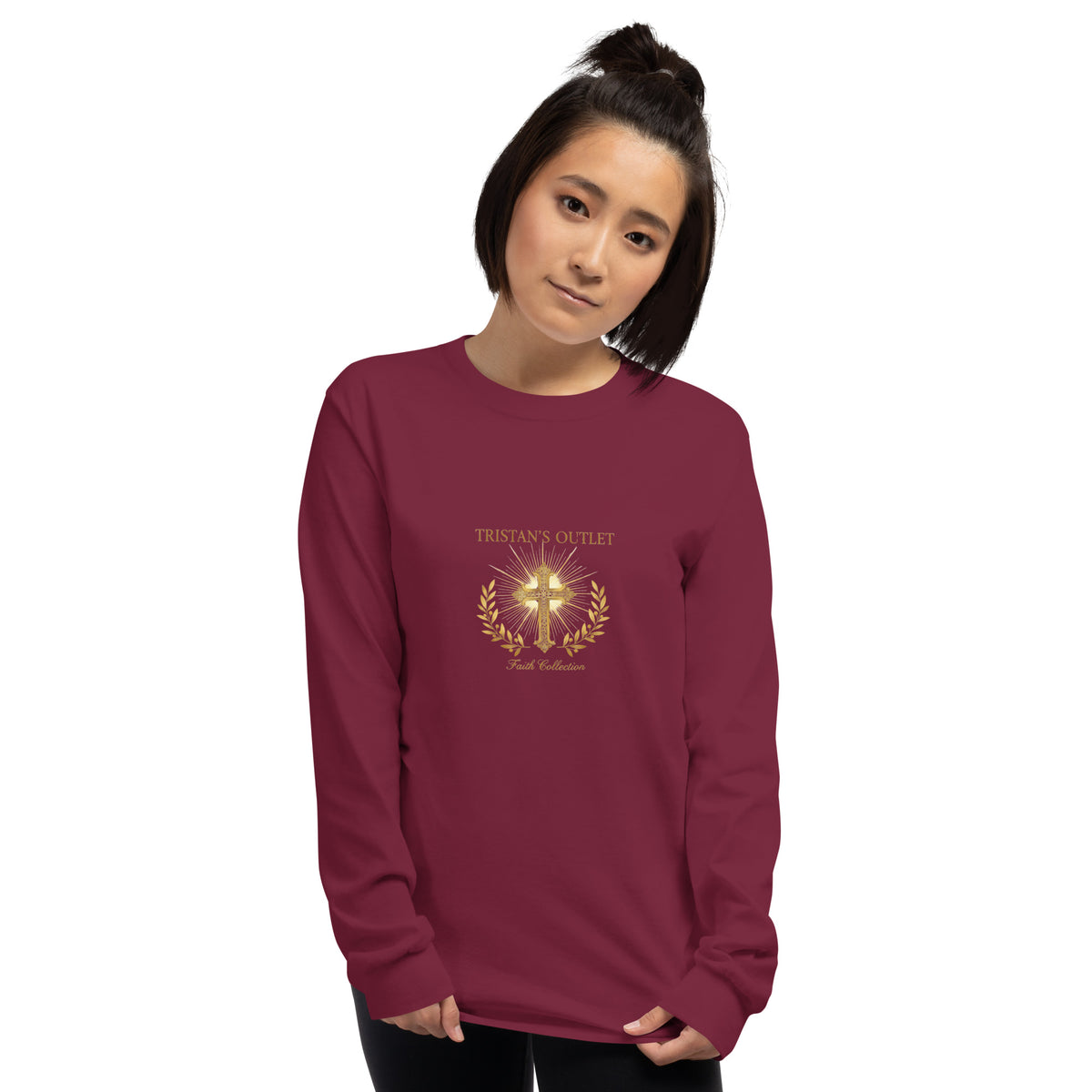 Maroon unisex long sleeve shirt from Tristan's Outlet Faith Collection, front view showing casual fit and fabric texture.