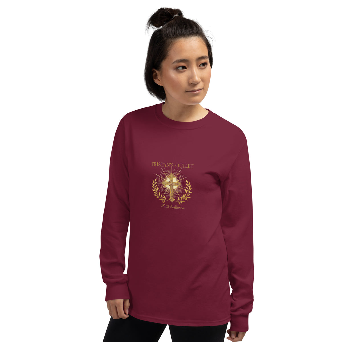Maroon unisex long sleeve shirt from Tristan's Outlet Faith Collection, shown from the front left side.
