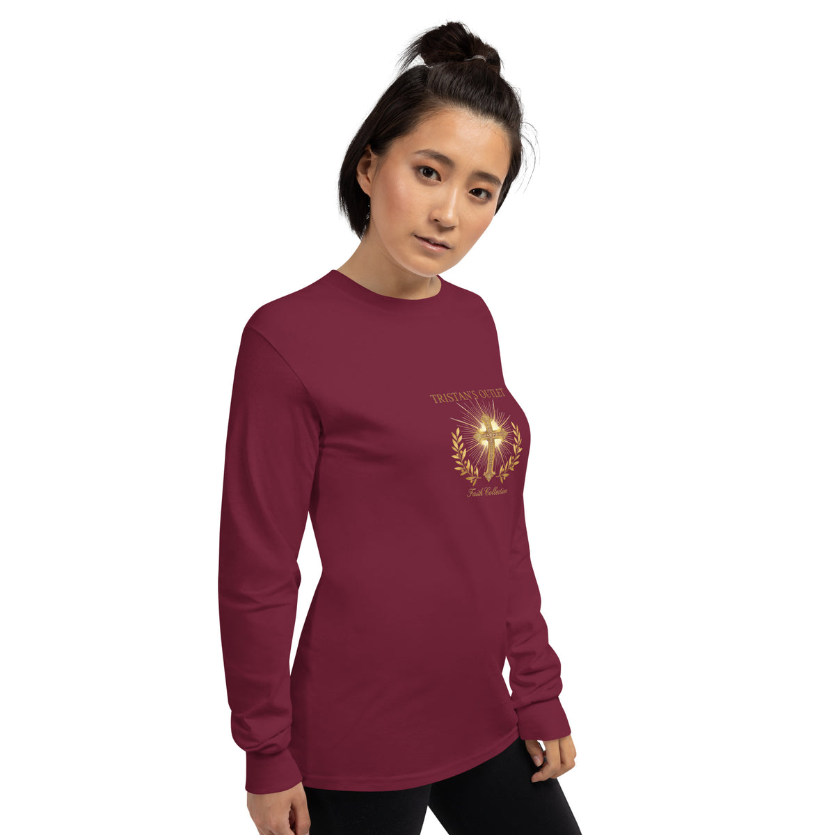 Maroon unisex long sleeve shirt from Tristan's Outlet Faith Collection, shown from right front view.