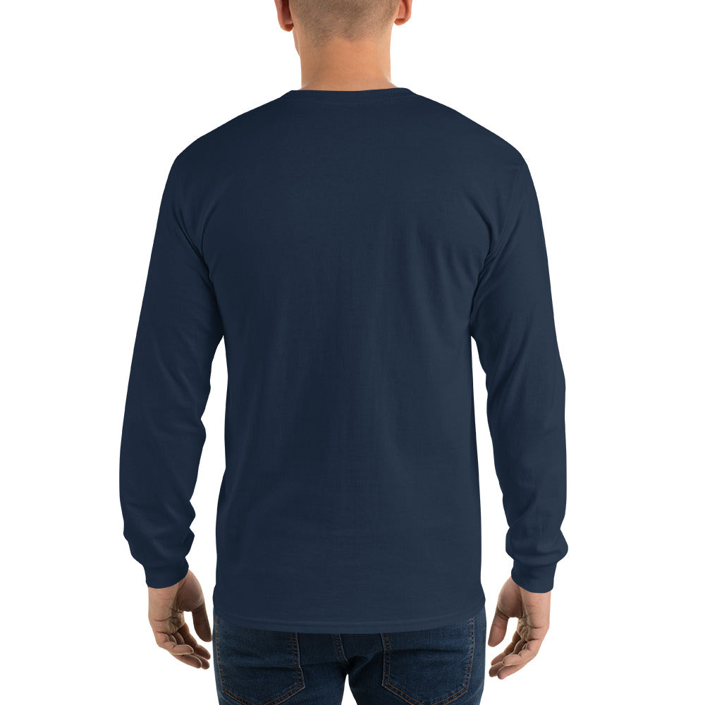 Navy long-sleeve shirt for breast cancer awareness and support, unisex design by Tristan's Outlet, shown from the back.