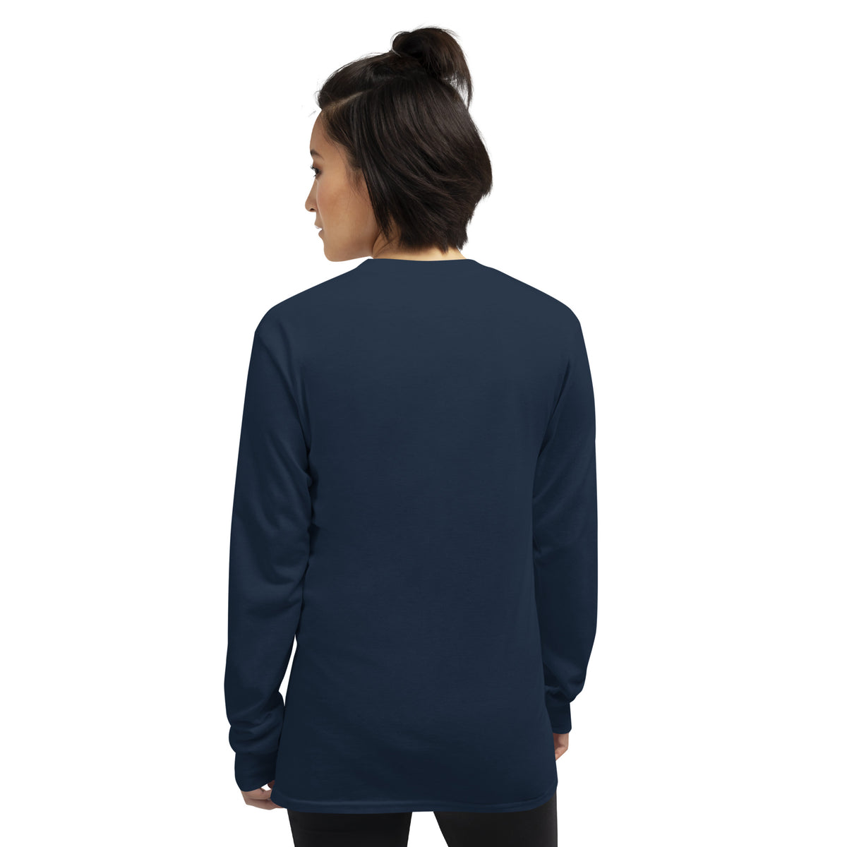 Navy unisex long sleeve shirt supporting breast cancer awareness, featuring a supportive message on the back, by Tristan's Outlet.