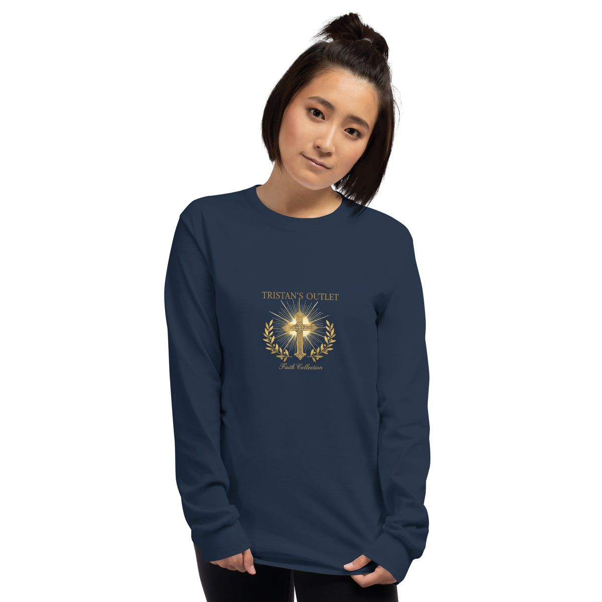 Navy long sleeve shirt from Tristan's Outlet Faith Collection, unisex design with front view showing the shirt's details.