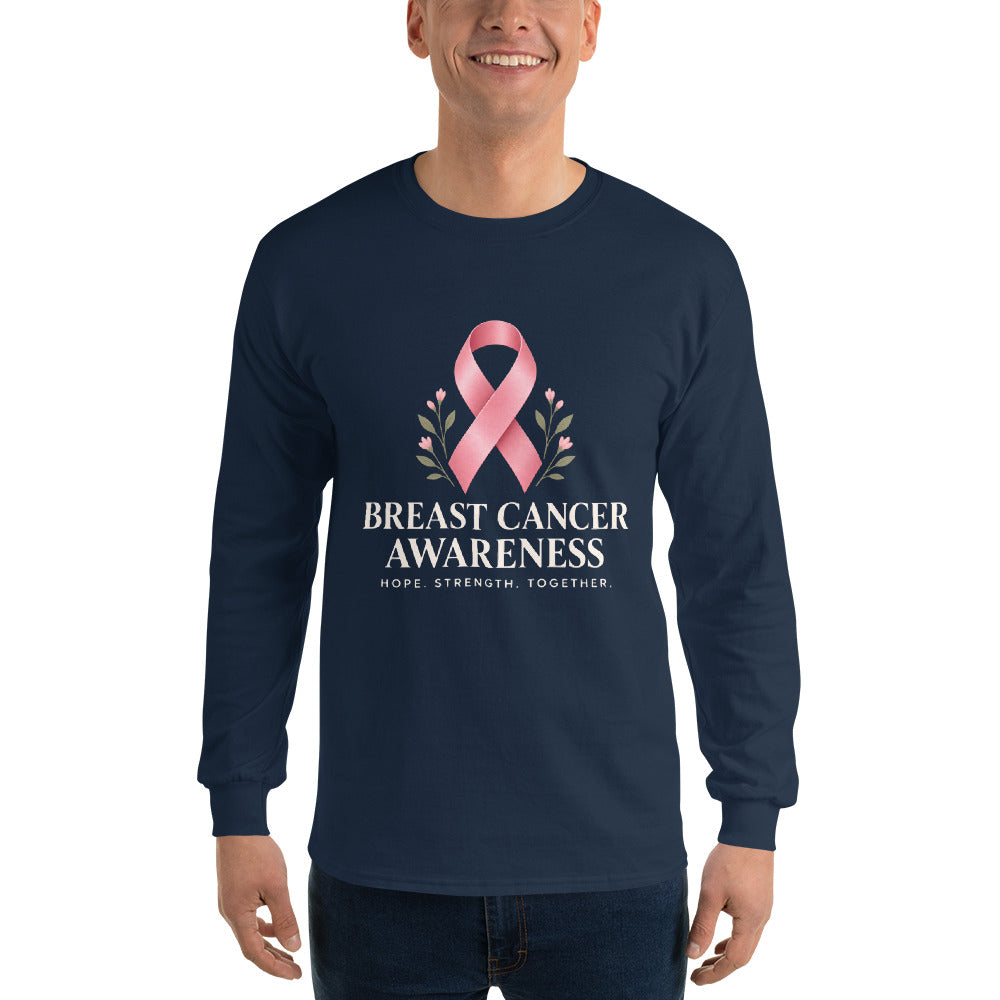Navy unisex long sleeve shirt for breast cancer awareness with supportive and fighting message, from Tristan's Outlet.