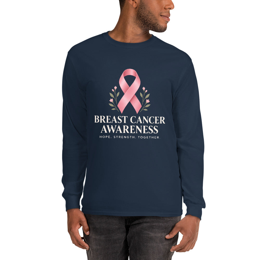 Navy unisex long-sleeve shirt supporting breast cancer awareness, featuring a front design, from Tristan's Outlet.