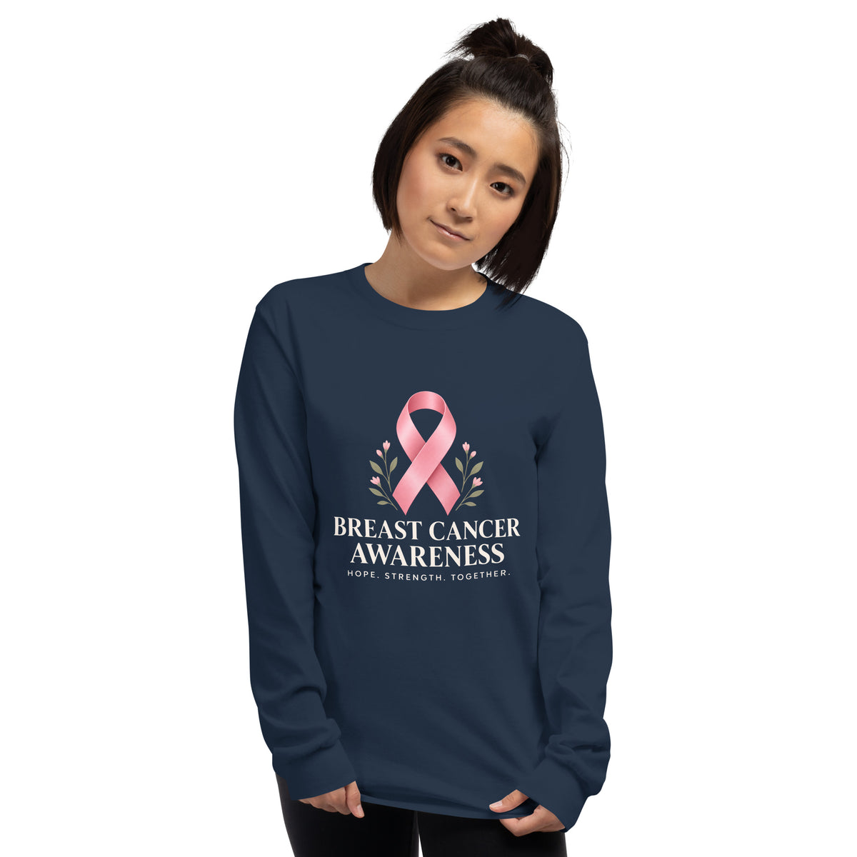 Navy long-sleeve shirt with breast cancer awareness support message, unisex design, Tristan's Outlet branding on front.