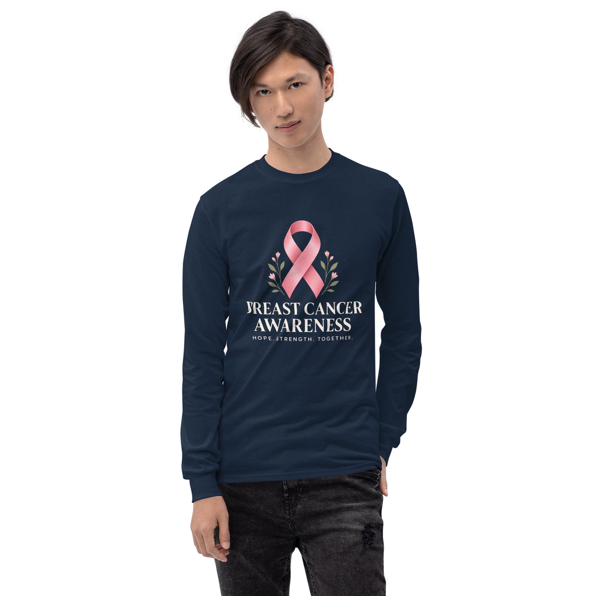 Navy unisex long-sleeve shirt supporting breast cancer awareness, with "Fight Together" design from Tristan's Outlet.
