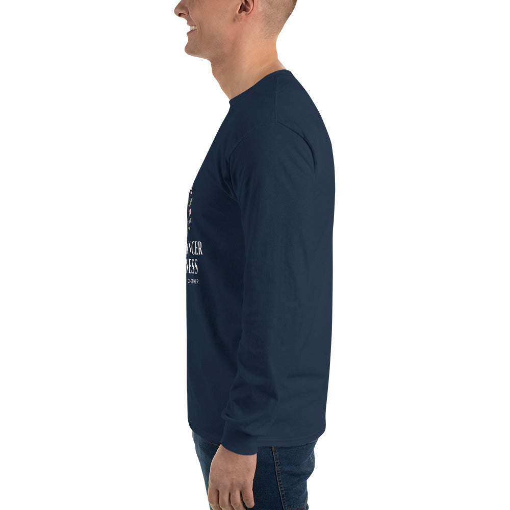 Navy unisex long-sleeve shirt supporting breast cancer awareness, featuring a fight together design by Tristan's Outlet.