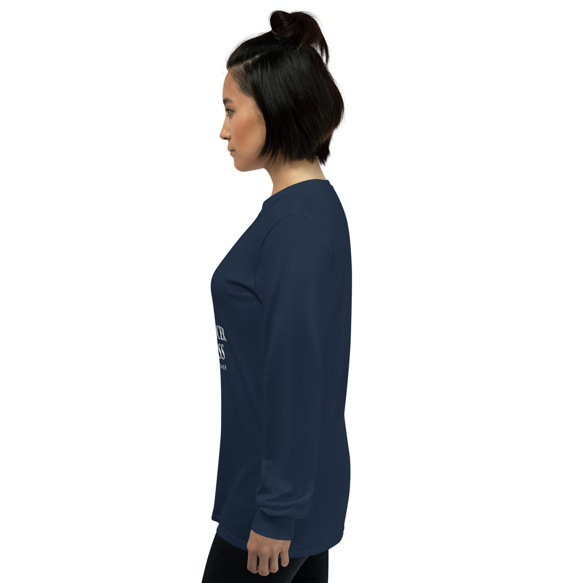 Navy unisex long sleeve shirt supporting breast cancer awareness, featuring a fight together message and Tristan's Outlet branding.
