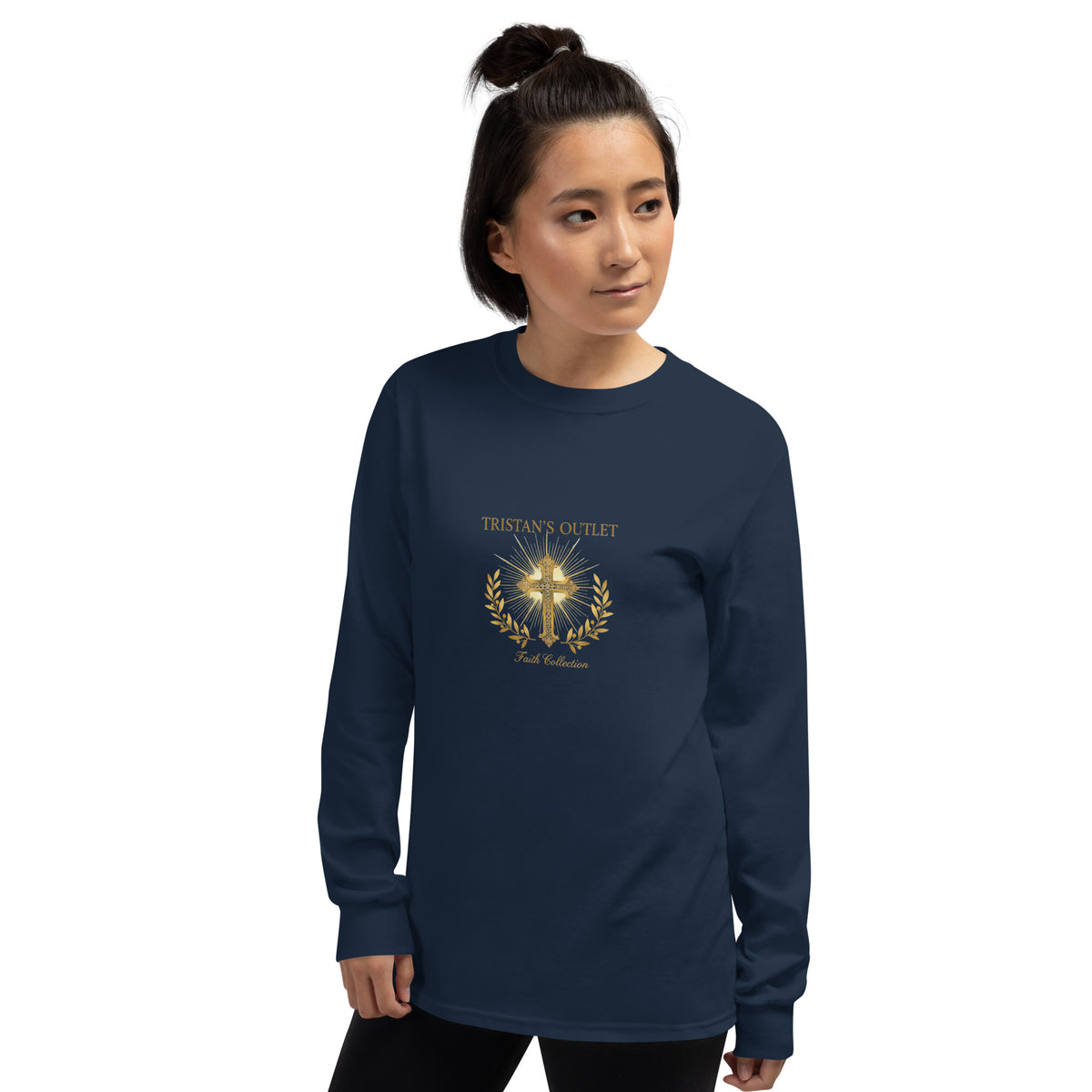 Navy unisex long sleeve shirt from Tristan's Outlet Faith Collection, front view showing collar and sleeve details.