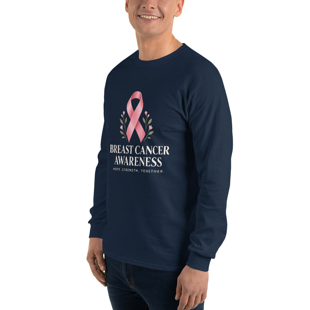 Navy unisex long-sleeve shirt with breast cancer awareness support message and logo on front, by Tristan's Outlet.