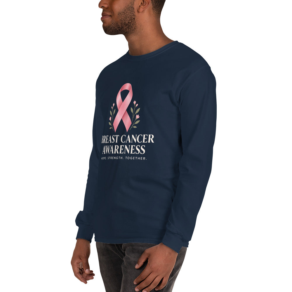Navy unisex long sleeve shirt supporting breast cancer awareness with "Fight Together" text on the front, by Tristan's Outlet.