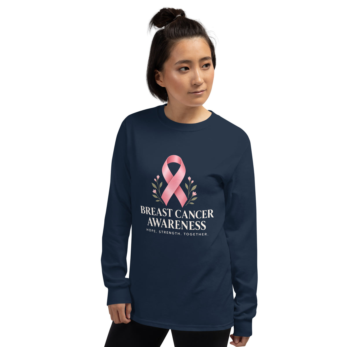Navy unisex long sleeve shirt from Tristan's Outlet with breast cancer awareness support and fight together graphic on front.