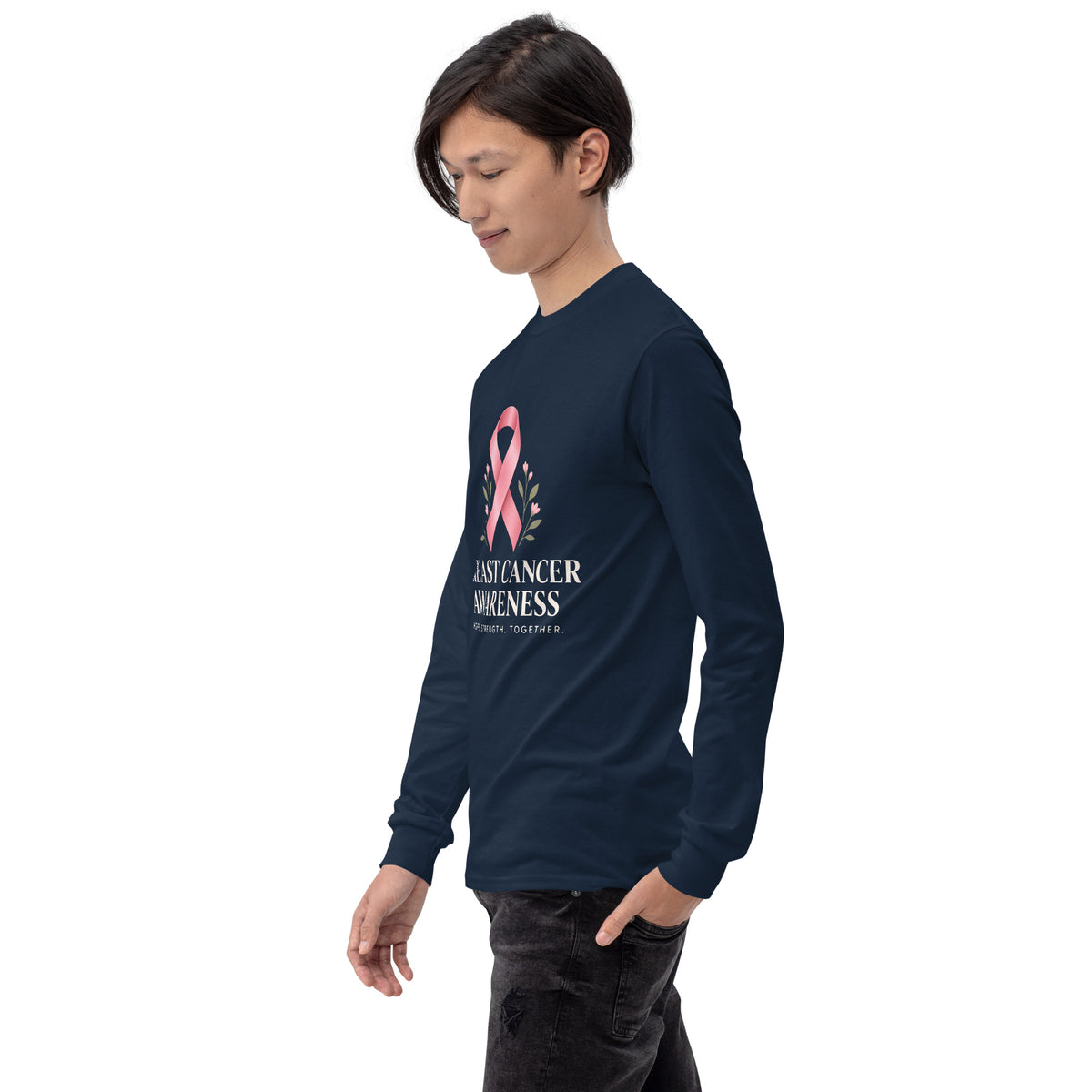 Navy unisex long sleeve shirt with breast cancer awareness support message and graphic on the front, by Tristan's Outlet.
