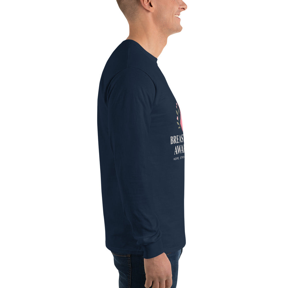 Navy unisex long-sleeve shirt supporting breast cancer awareness, featuring a fight together graphic by Tristan's Outlet.