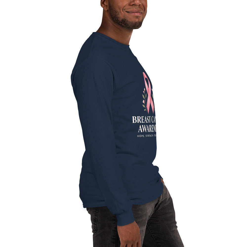 Navy long-sleeve shirt supporting breast cancer awareness, featuring a unisex design, by Tristan's Outlet.