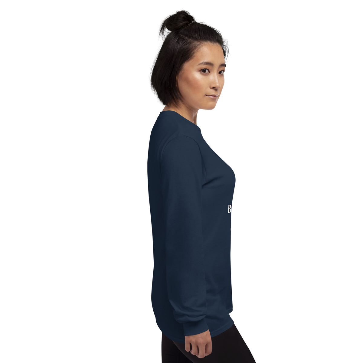 Navy unisex long-sleeve shirt supporting breast cancer awareness, featuring a supportive message and Tristan's Outlet branding.