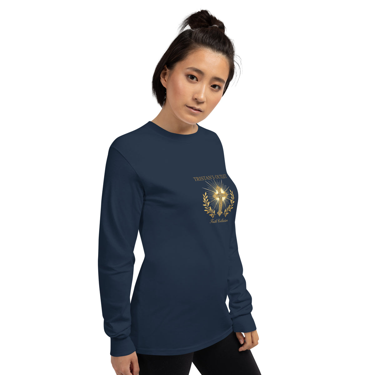 Unisex navy long sleeve shirt from Tristan's Outlet Faith Collection, featuring a comfortable fit and stylish design.