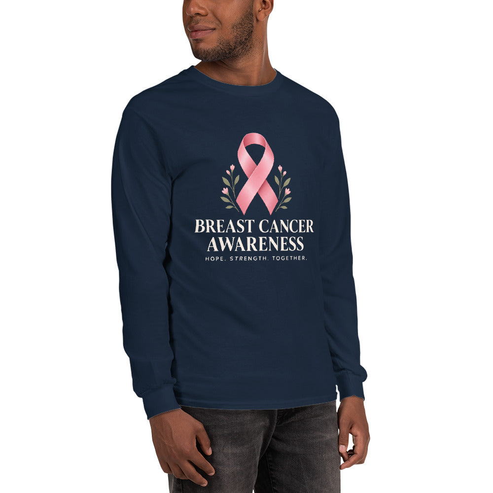 Navy unisex long-sleeve shirt supporting breast cancer awareness, featuring a fight together message from Tristan's Outlet.