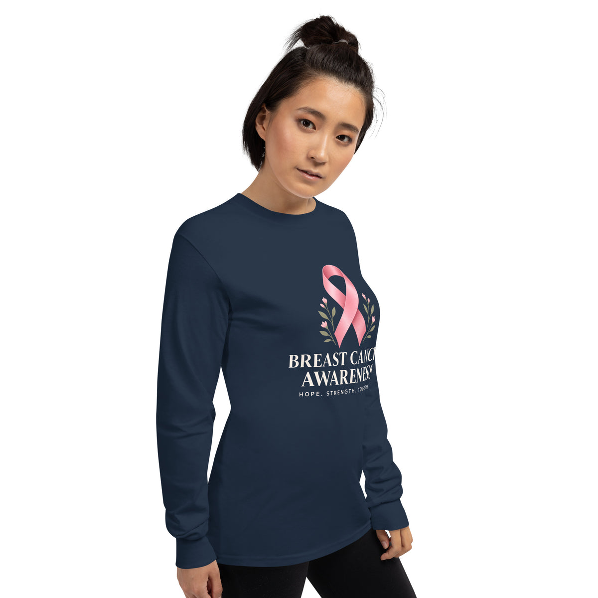 Navy unisex long-sleeve shirt supporting breast cancer awareness, featuring a supportive message on the front.