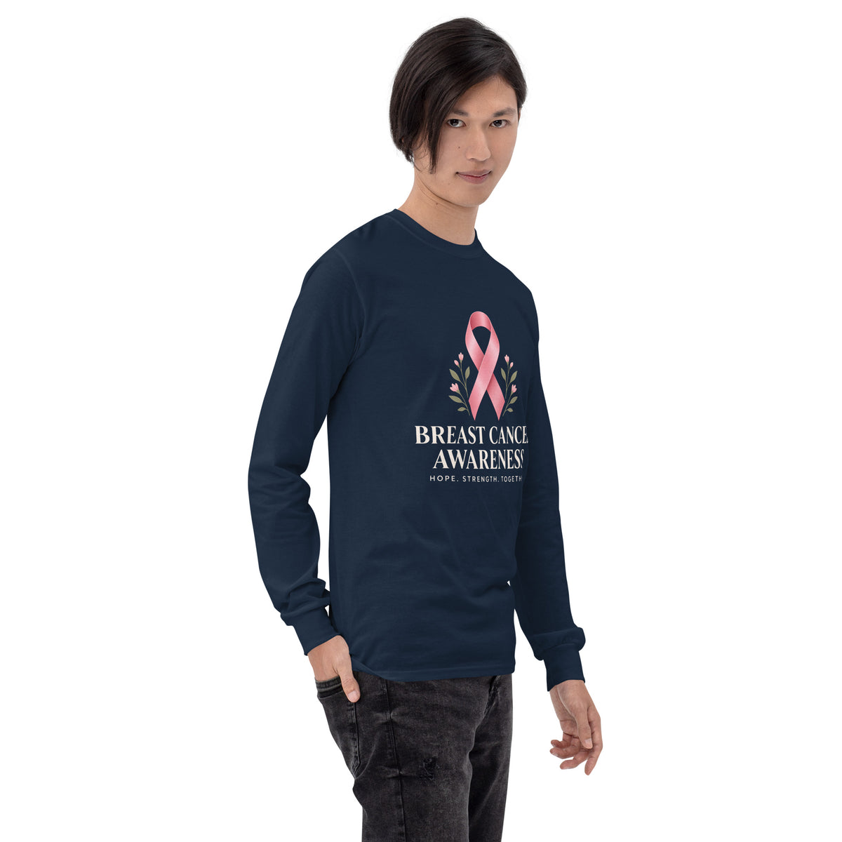 Navy unisex long sleeve shirt supporting breast cancer awareness with "Fight Together" text on the front, by Tristan's Outlet.