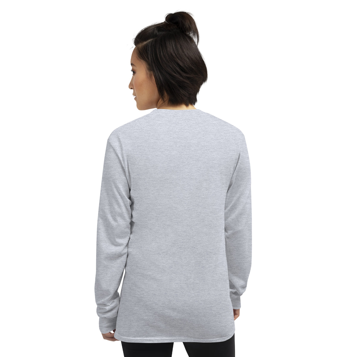 Unisex grey long sleeve shirt from Tristan's Outlet Faith Collection, shown from the back. Comfortable and stylish casual wear.