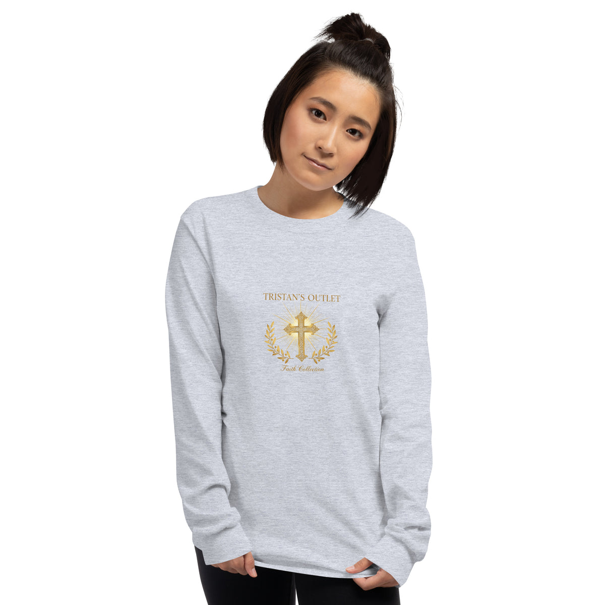 Unisex Tristan's Outlet Faith Collection long sleeve shirt in sport grey, front view showing comfortable fabric and classic fit.