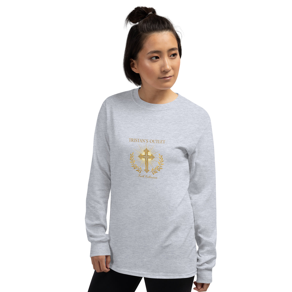 Unisex Faith Collection long sleeve shirt in sport grey from Tristan's Outlet, featuring a left-front view with a casual fit.
