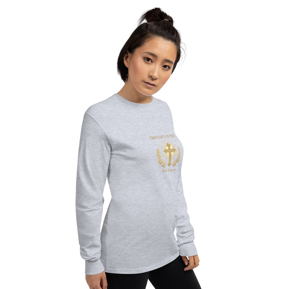Unisex sport grey long sleeve shirt from Tristan's Outlet Faith Collection, displayed from the right front view.
