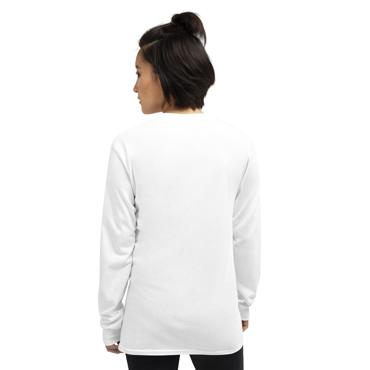 Unisex white long sleeve shirt from Tristan's Outlet Faith Collection, back view highlighting the design and fit.