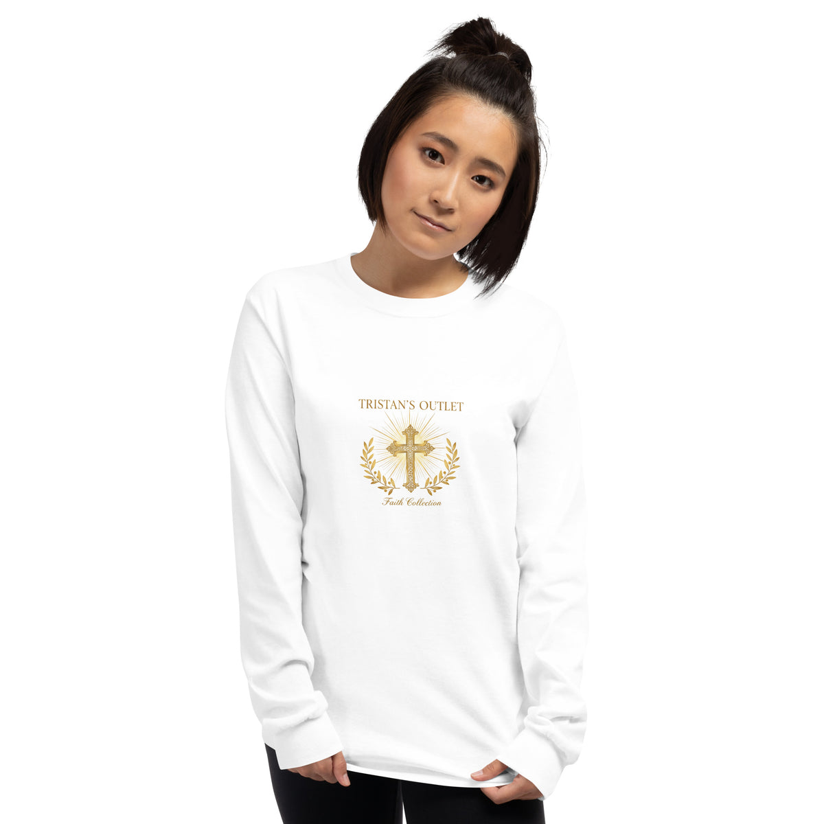 White Tristan's Outlet Faith Collection long sleeve shirt for men and women, front view showcasing casual unisex design.