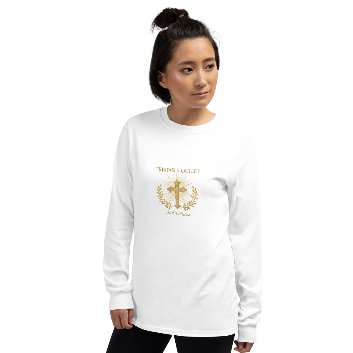 Unisex white long sleeve shirt from Tristan's Outlet Faith Collection, front view showing simple design and comfortable fit.