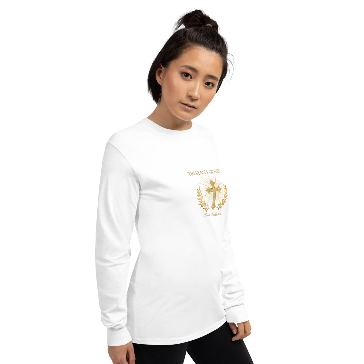 White Tristan's Outlet Faith Collection long sleeve shirt for men and women, displayed from the right front angle.