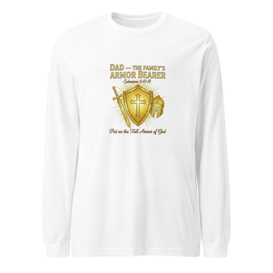 White unisex long sleeve tee featuring the "Dad – The Family's Armor Bearer" design, from Tristan's Outlet.