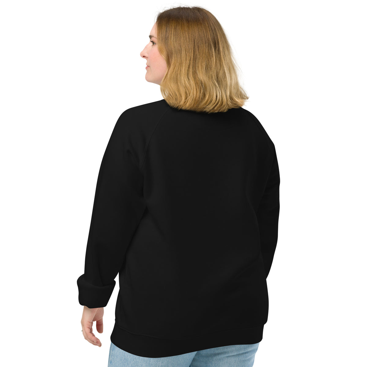 Unisex black John 3:16 organic raglan sweatshirt from Tristan's Outlet, showing back view with printed scripture design.