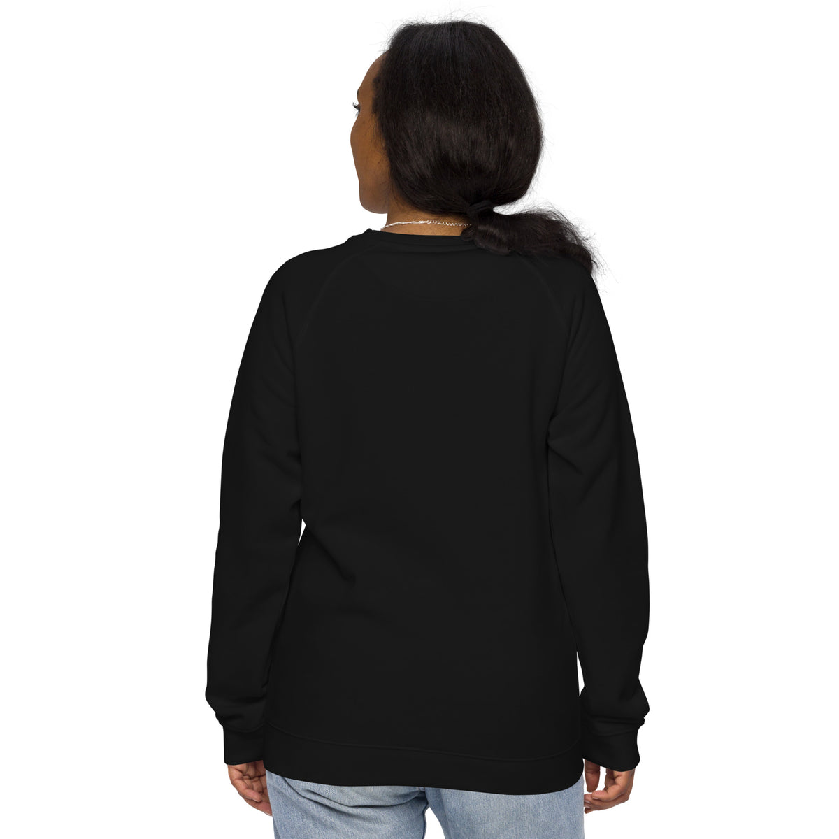Unisex black organic raglan sweatshirt with John 3:16 scripture printed on the back, made by Tristan's Outlet.