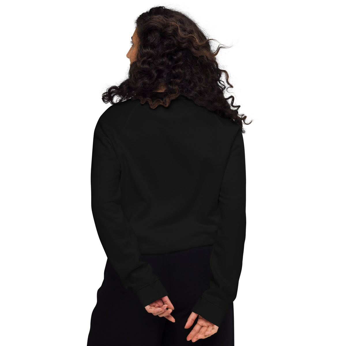 Unisex black organic raglan sweatshirt with John 3:16 scripture print on the back, made by Tristan's Outlet.