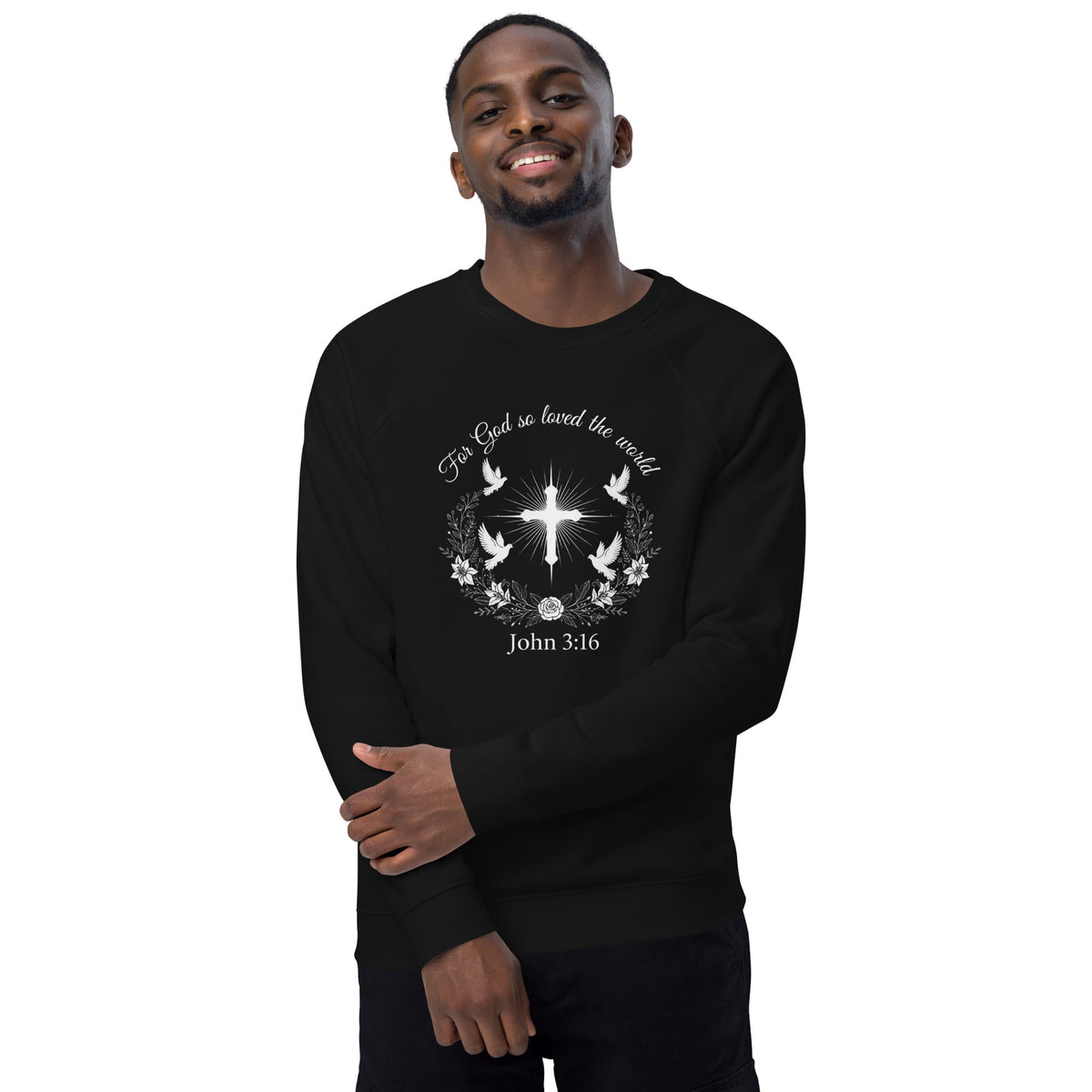 Unisex black organic raglan sweatshirt with John 3:16 Bible verse printed on front, casual and comfortable style.